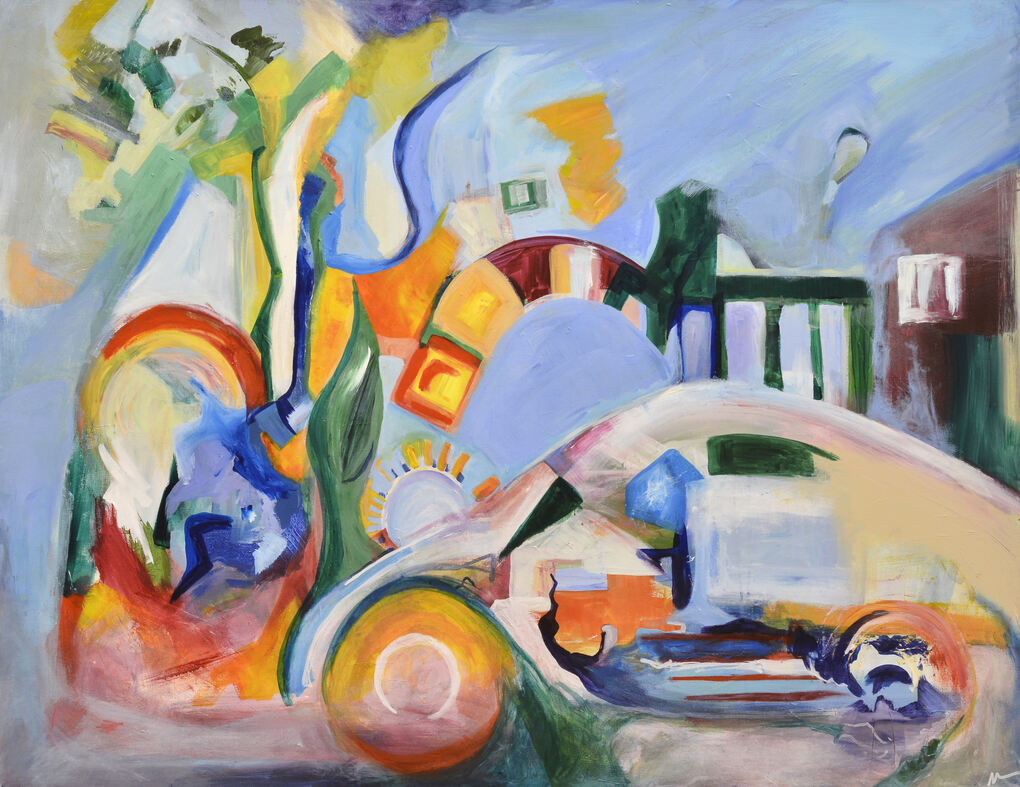 an expressionist painting that includes a shape that loosely look like a Porsche 356